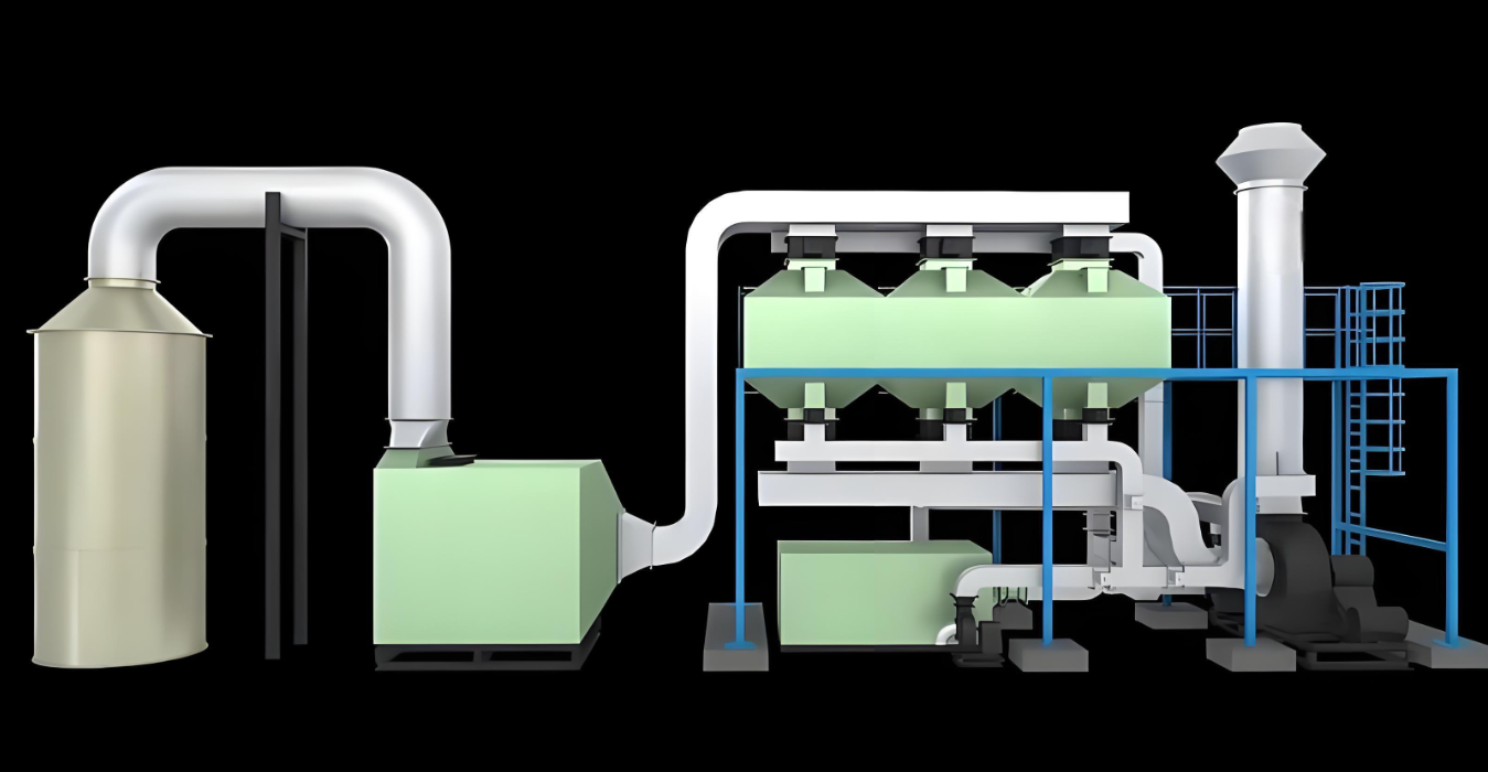 Technical rendering of modular industrial exhaust-treatment equipment with ducting, a collection stage, fan, and stack