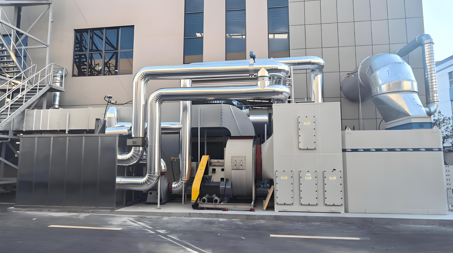 Outdoor industrial exhaust-treatment equipment with ductwork, service access, and control enclosures
