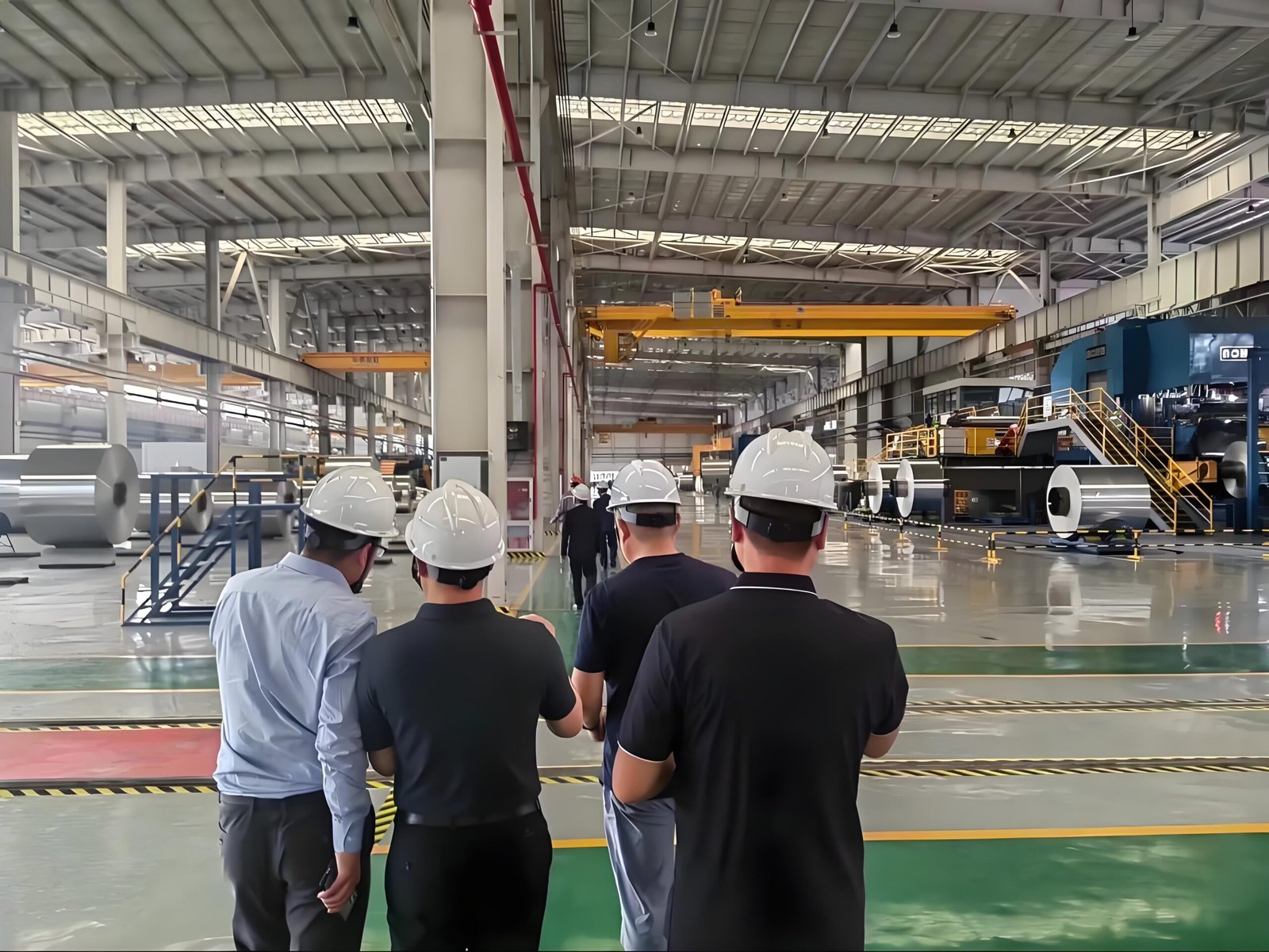 Engineering team reviewing industrial fabrication work in a SERNO factory