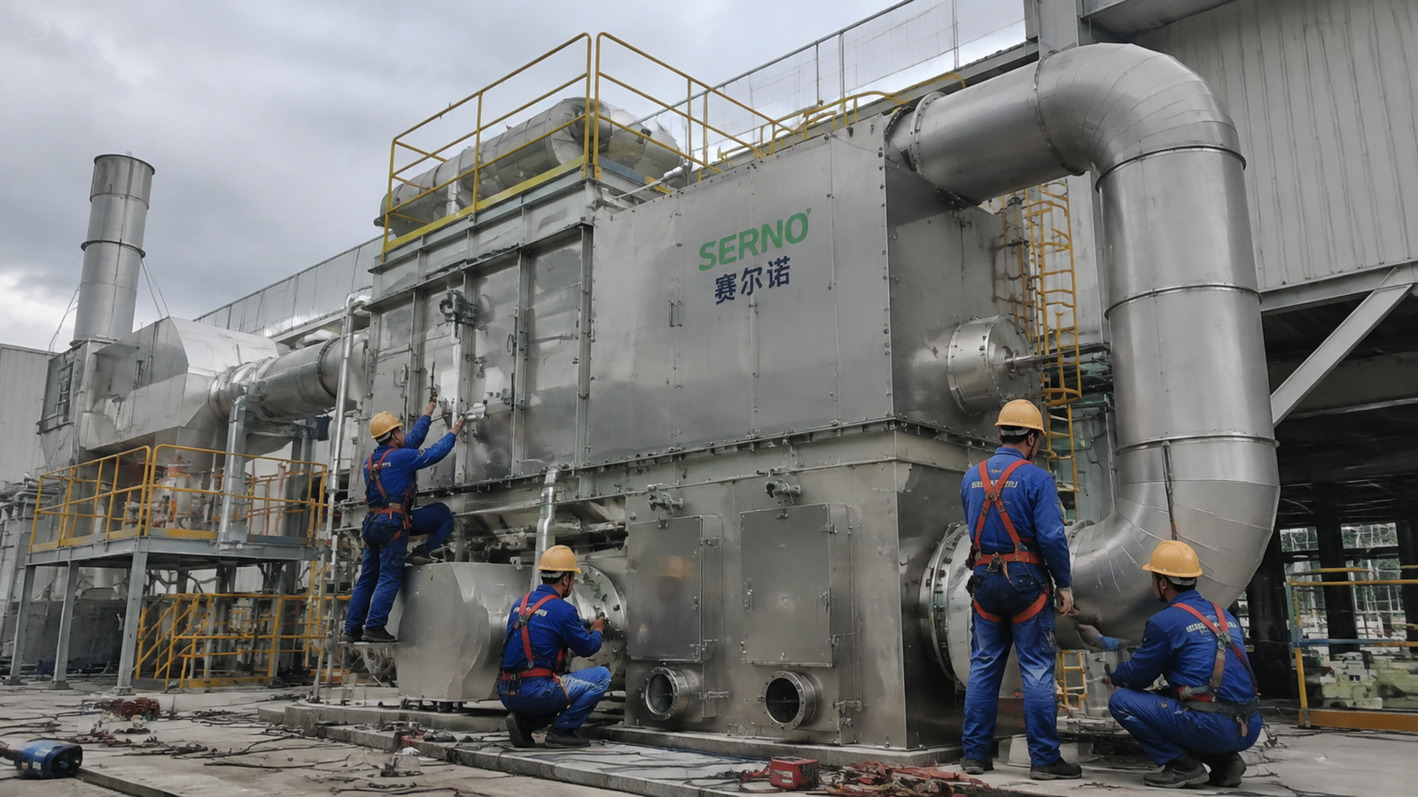 Technician checking a sample probe connection and line on an RCO process duct